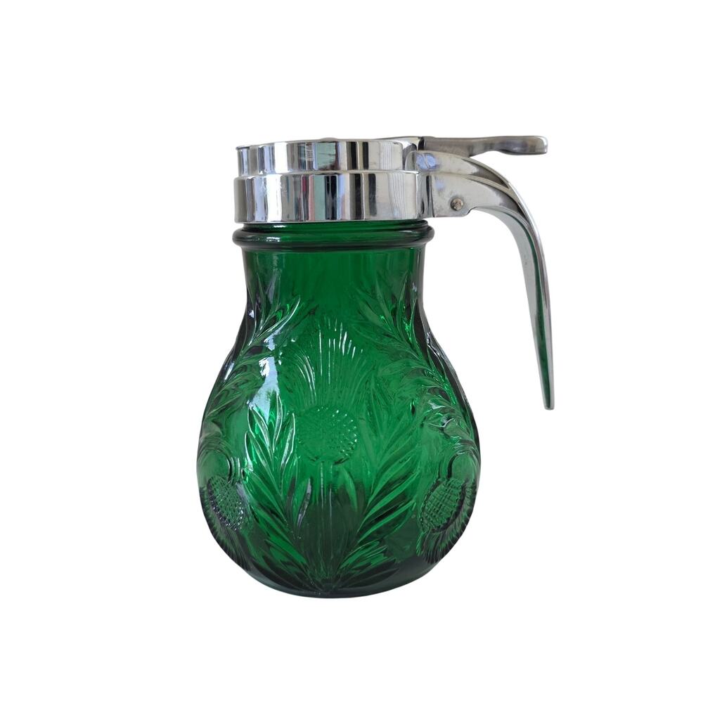 Vintage Emerald Green Pressed Glass Syrup Dispenser Chrome Lid Thistle Pattern